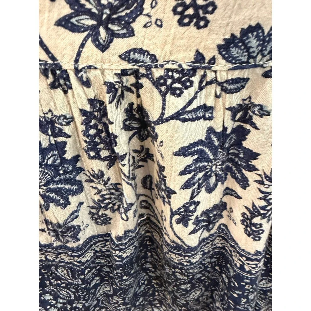 Angie Blue Floral Paisley Boho Peasant Crochet Lace Trim Tiered Mini Dress Small